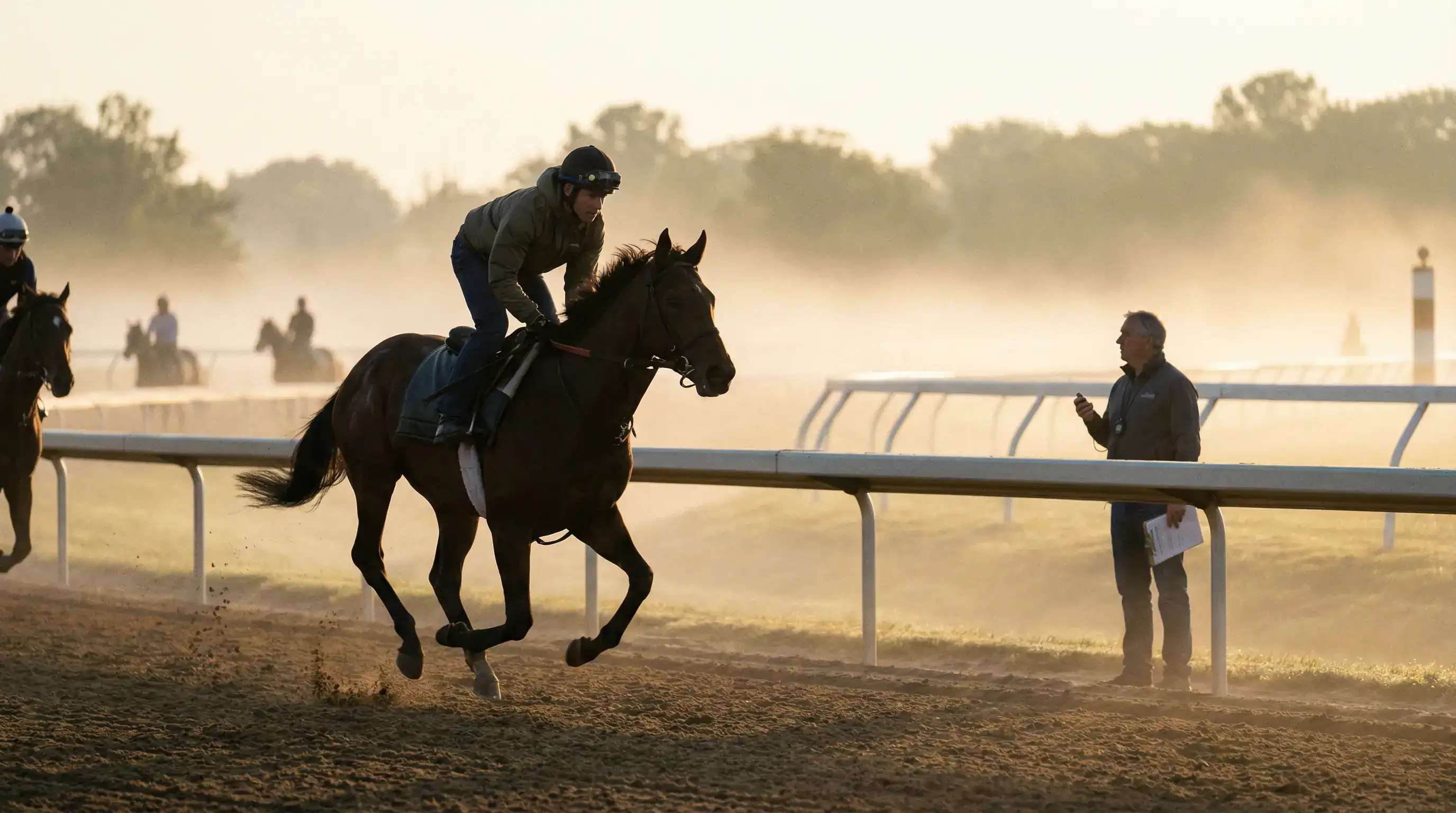 Jóquei treinando cavalo de corrida em pista de turfe durante análise de forma