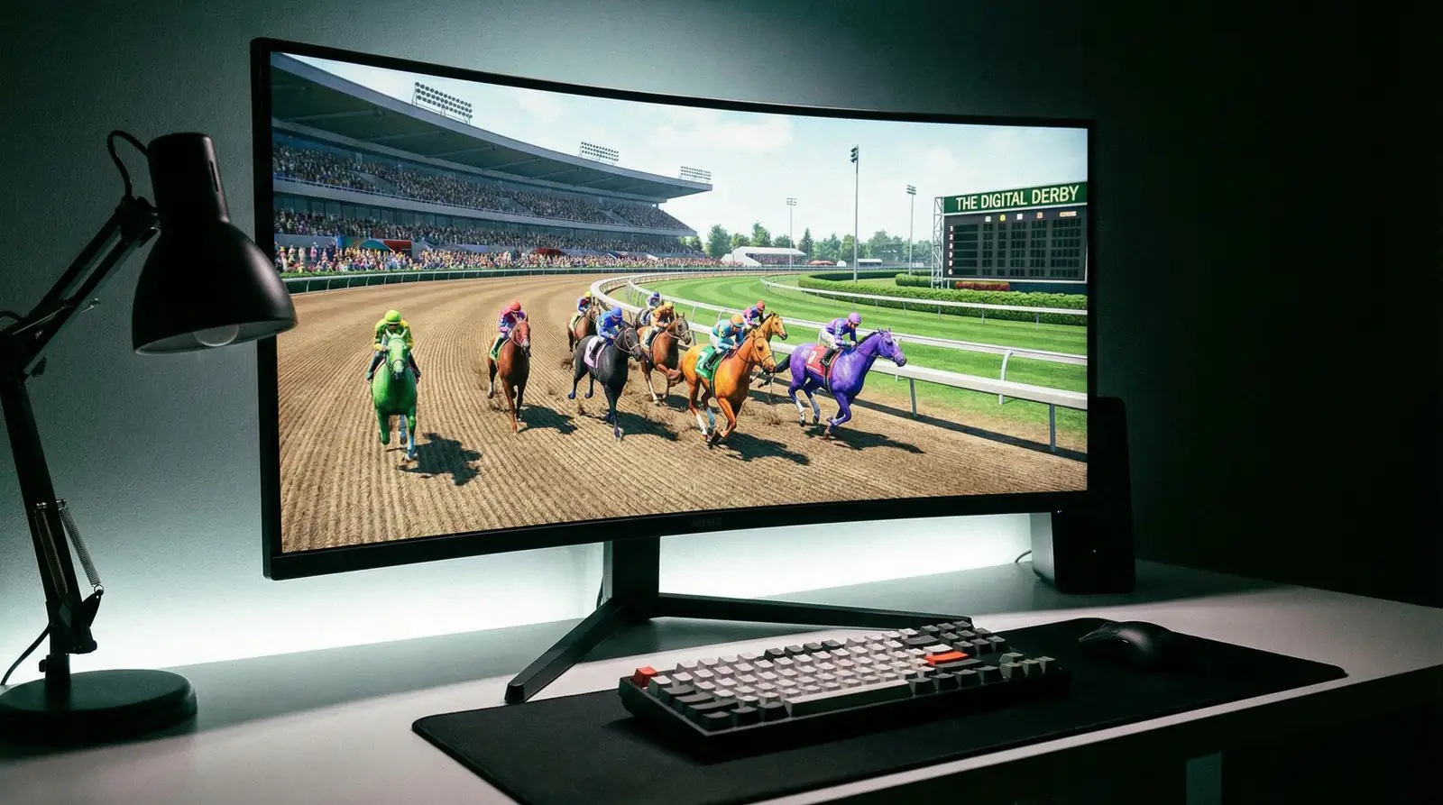 Tela de computador exibindo corrida de cavalos virtual com gráficos digitais