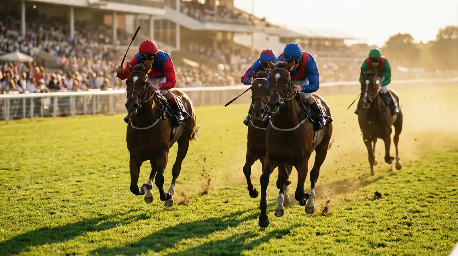 Cavalos competindo em corrida de turfe com público ao fundo