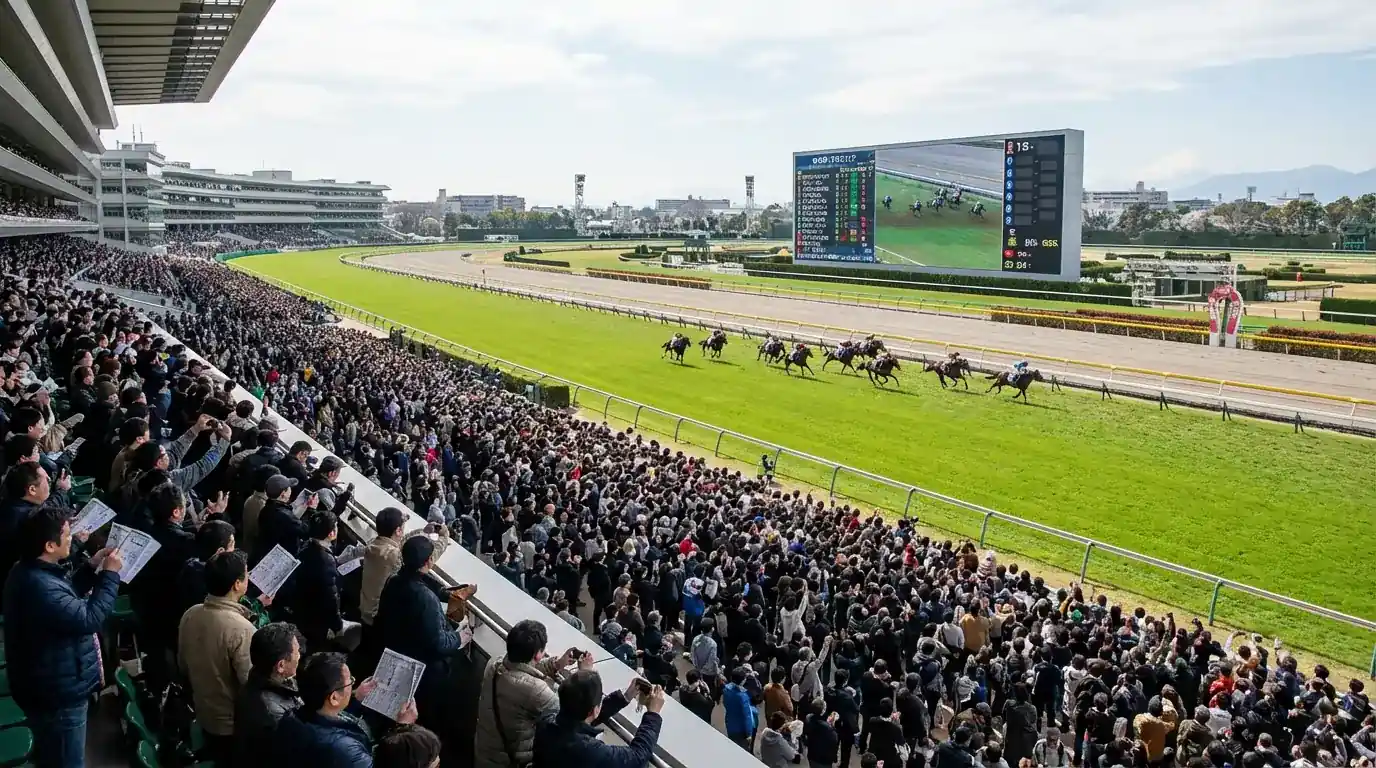 Corrida de cavalos no hipódromo de Tokyo com público japonês na arquibancada