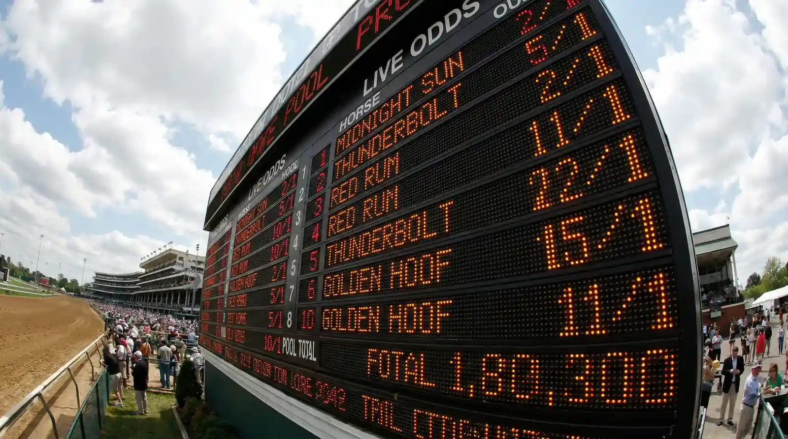 Painel de odds de corrida de cavalos em hipódromo mostrando rateio ao vivo