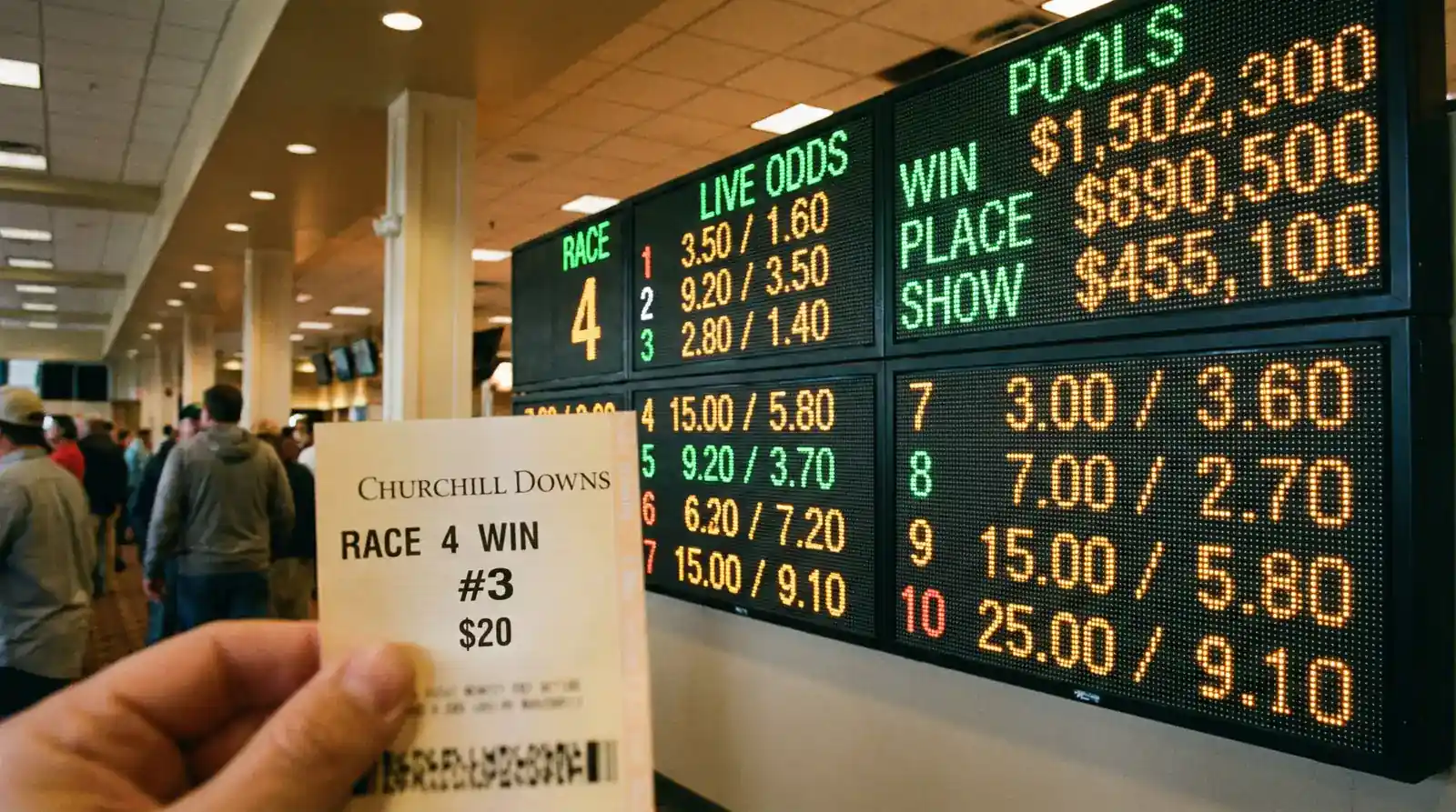 Painel de apostas pari-mutuel em hipódromo com odds de corrida de cavalos