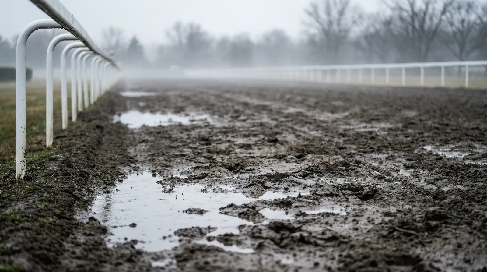 Pista de corrida de cavalos molhada após chuva com marcas de cascos no solo
