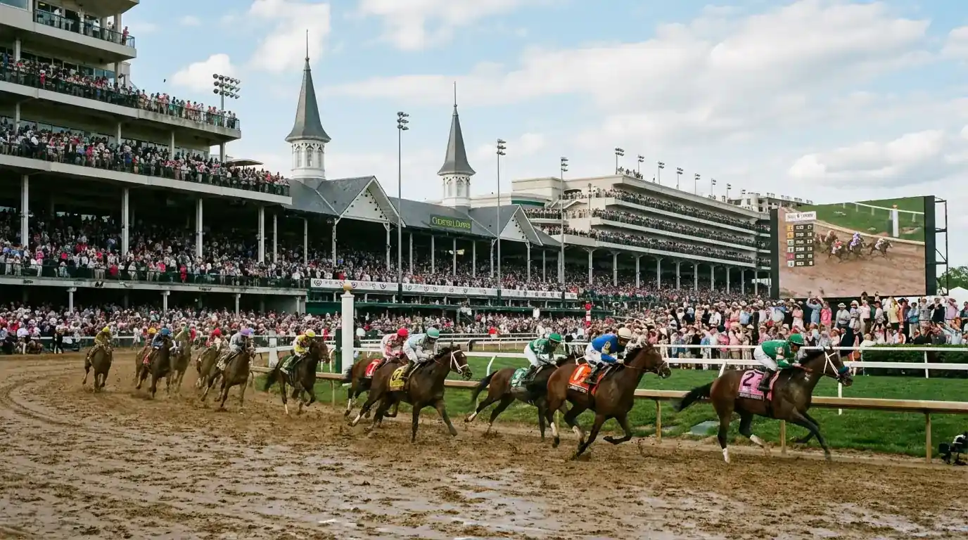 Cavalos na reta final do Kentucky Derby em Churchill Downs com público lotado