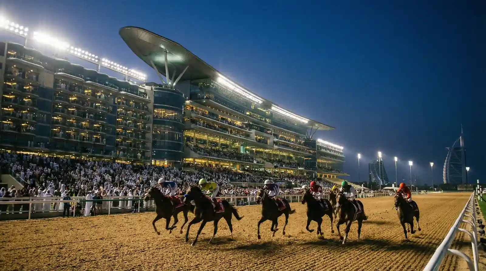 Cavalos na pista iluminada do Meydan Racecourse durante Dubai World Cup