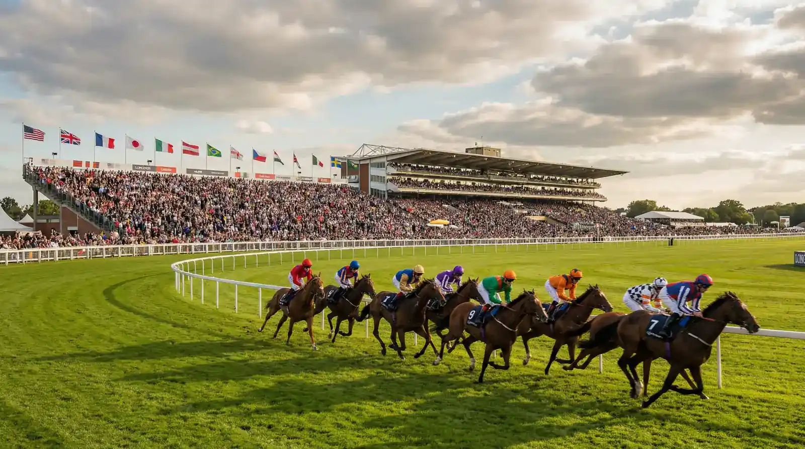 Cavalos competindo em grande corrida internacional de turfe com arquibancadas lotadas