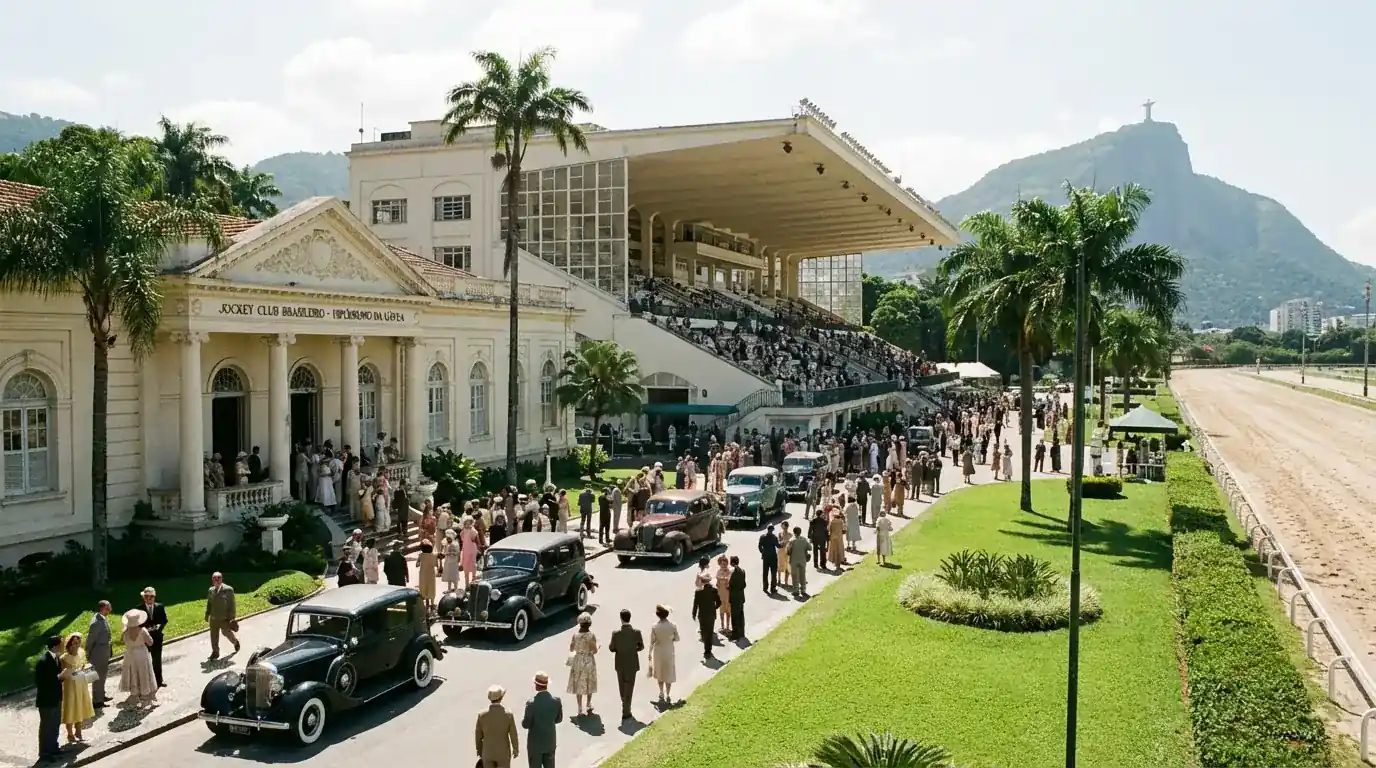 Fachada do hipódromo do Jockey Club com público na arquibancada