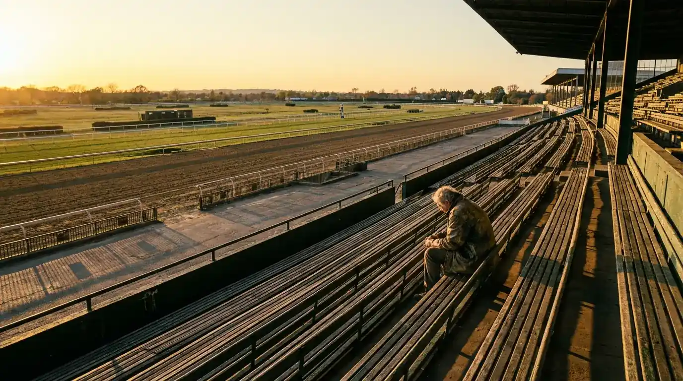 Pessoa refletindo diante de hipódromo vazio ao entardecer