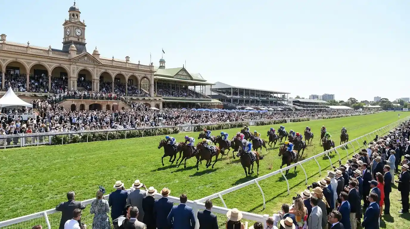 Cavalos de corrida competindo na pista do Flemington Racecourse na Melbourne Cup