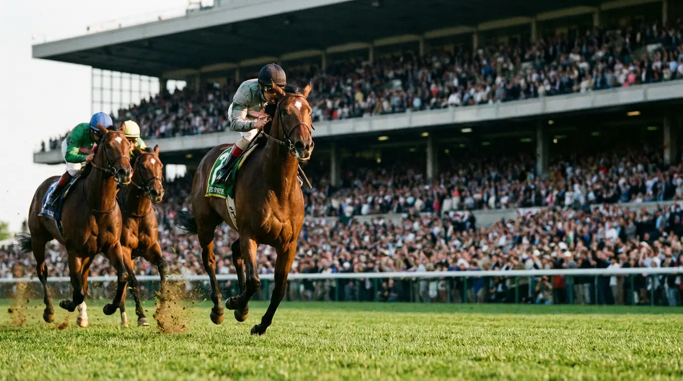 Cavalos de corrida na recta final de uma grande prova internacional de turfe