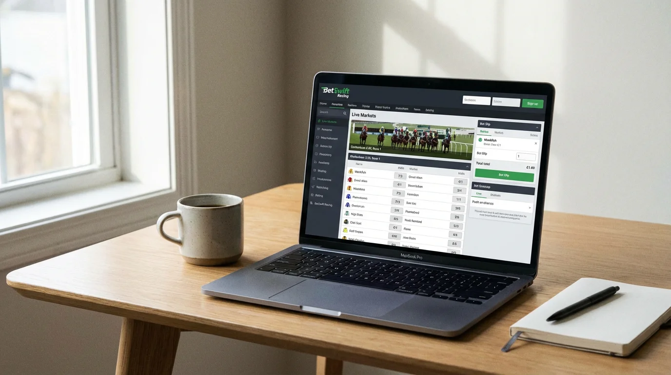 Laptop aberto exibindo plataforma de apostas em corridas de cavalos com mercados