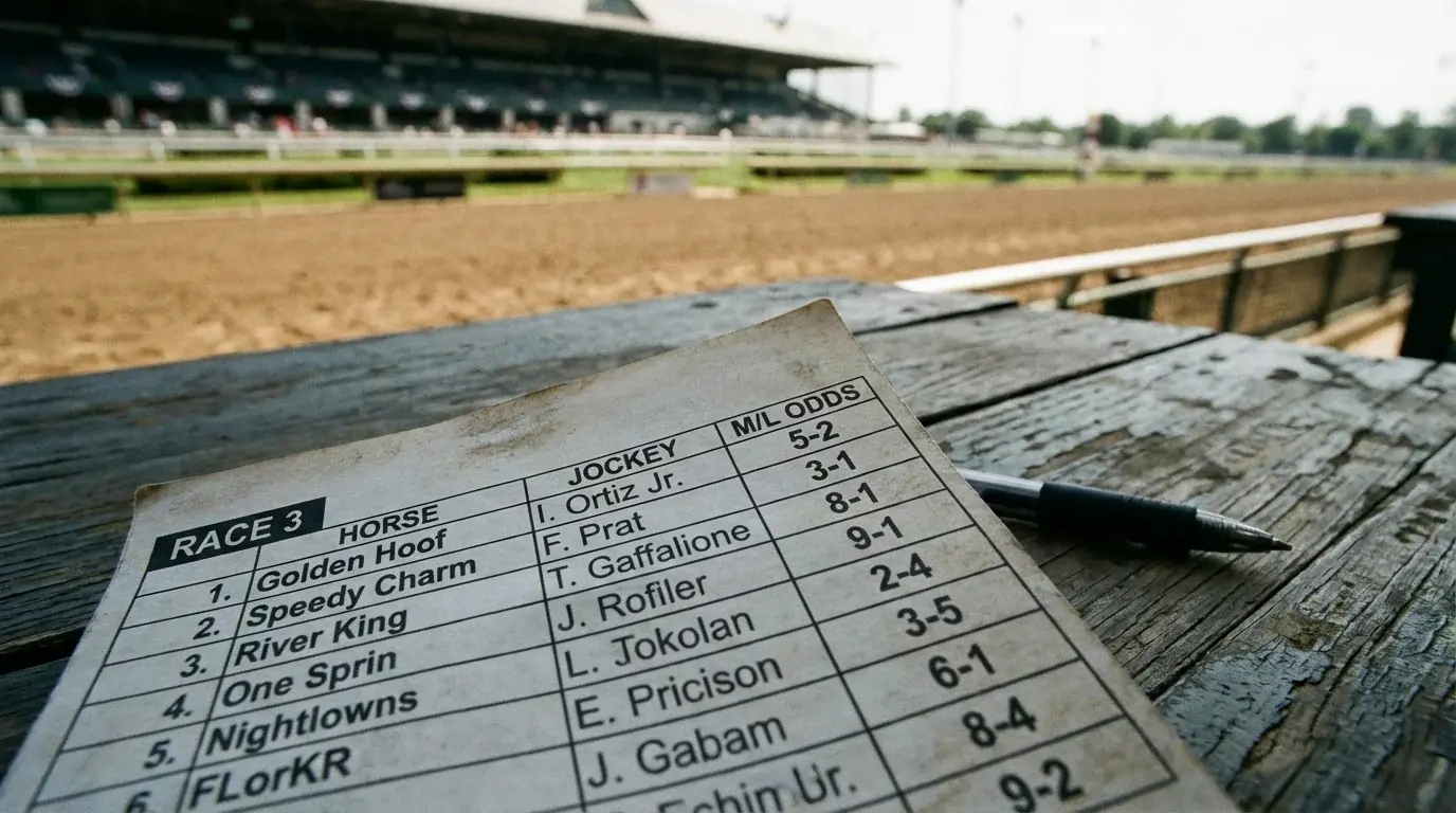Programa de corridas de cavalos com lista de odds e nomes de competidores