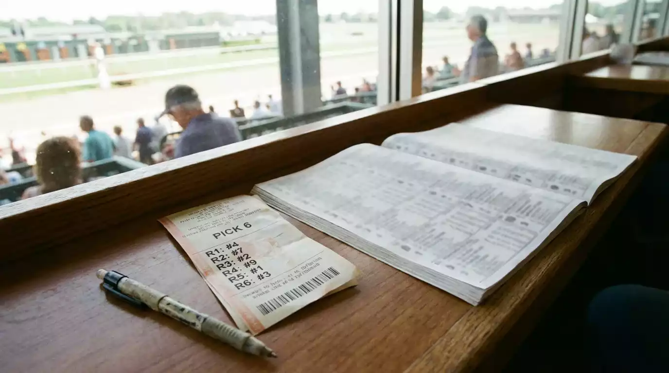 Bilhete de aposta Pick 6 de corrida de cavalos ao lado de programa de corridas