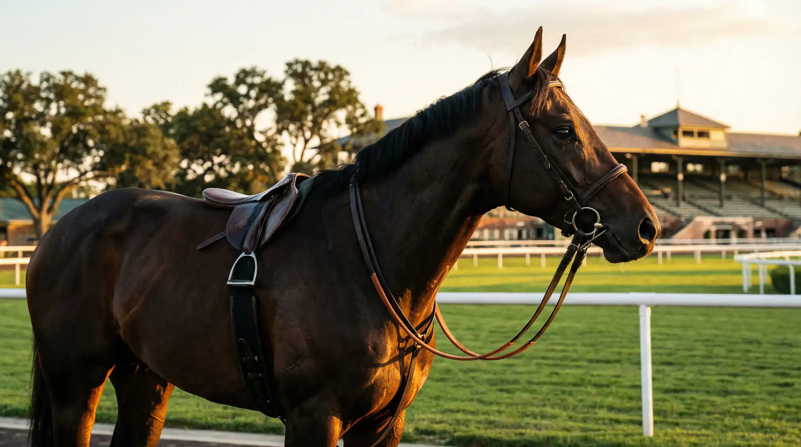 Cavalo Puro-Sangue Inglês de pelagem escura em pista de corrida
