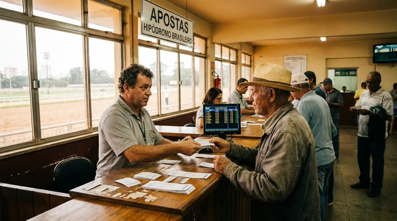 Guichê de apostas em hipódromo brasileiro com público fazendo apostas