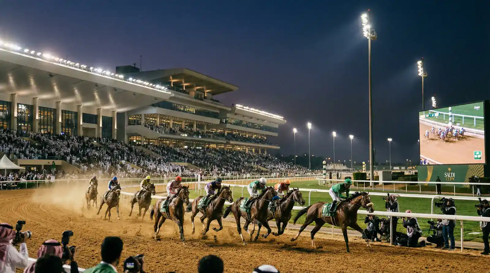 Cavalos de corrida na pista de terra do Saudi Cup em Riade com iluminação noturna