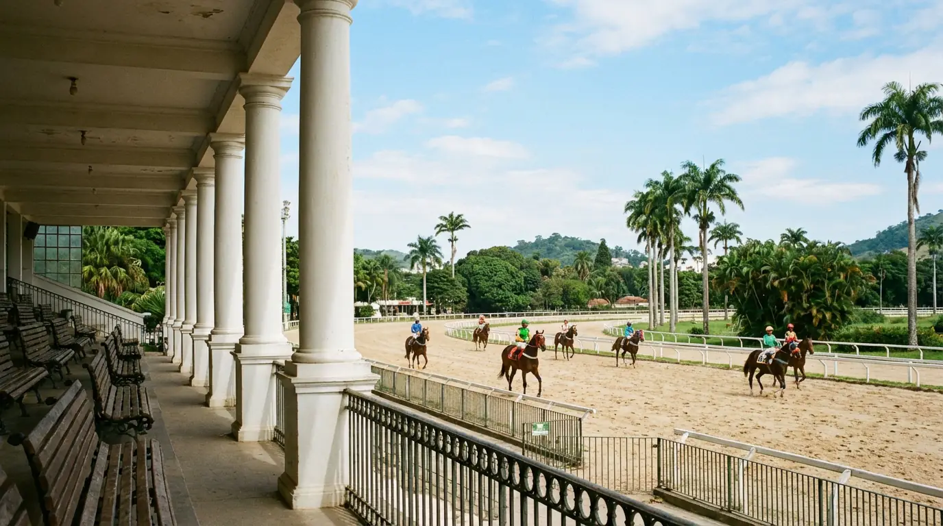 Hipódromo brasileiro com pista de areia e tribuna do Jockey Club