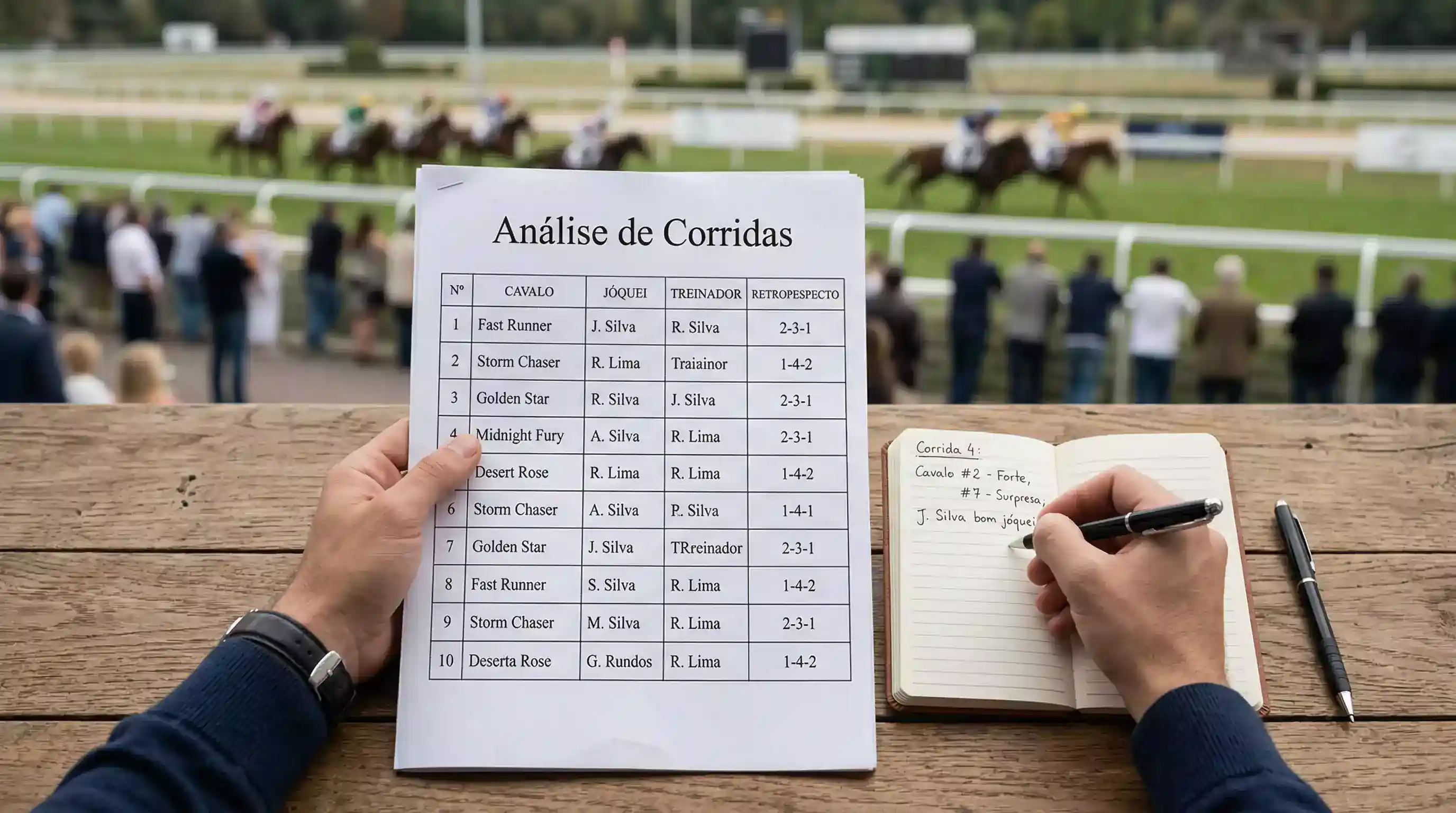 Apostador analisando programa de corridas de cavalos com calculadora e anotações